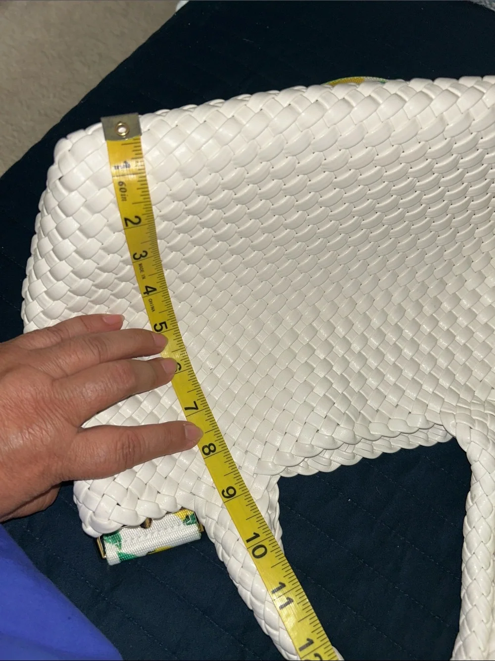 Woven White Shoulder Bag with Lemon-Print Strap